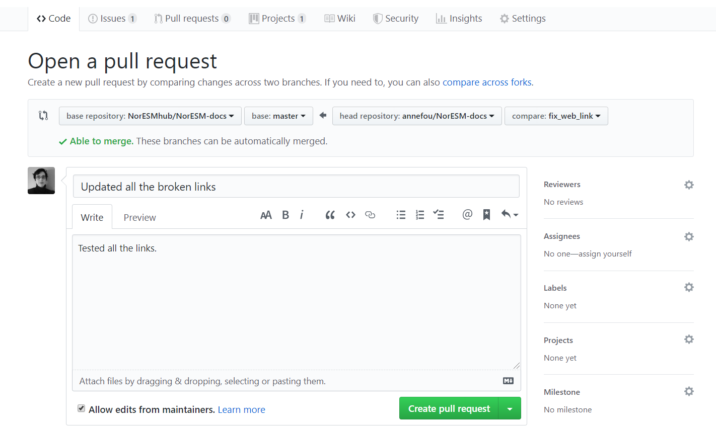 Create Pull request to NorESM documentation repository